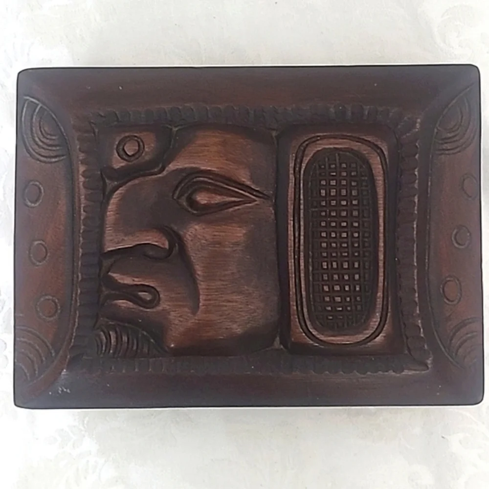 Wooden Humidor Box Stained Carved Man Tribal Tiki  Cigar Box Vintage